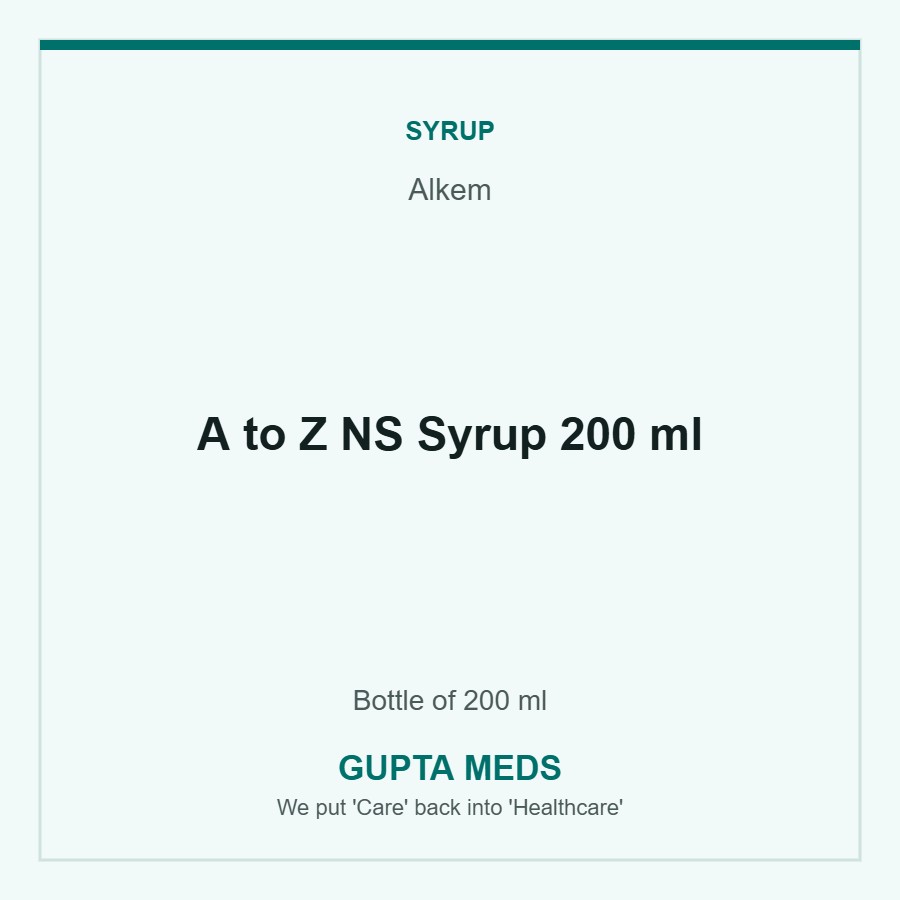 A to Z NS Syrup 200 ml — Alkem, Bottle of 200 ml. Available at Gupta Meds pharmacy, Cuttack.