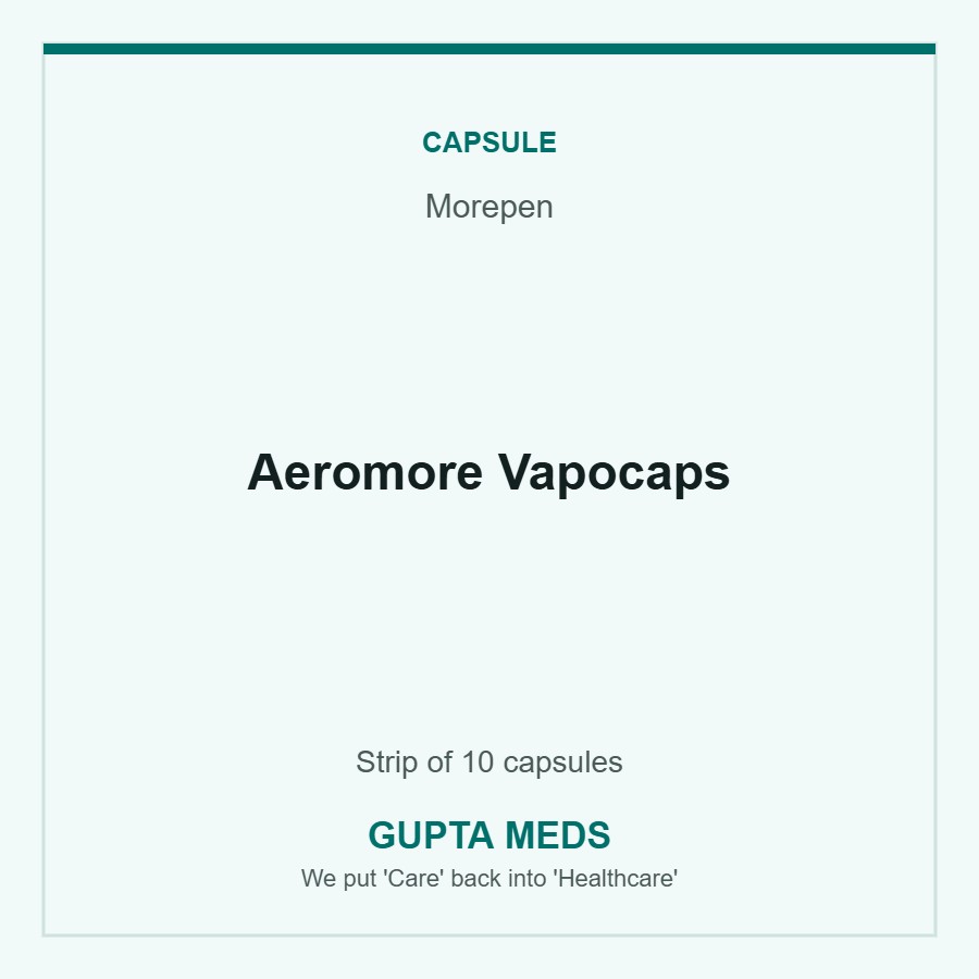 Aeromore Vapocaps — Morepen, Strip of 10 capsules. Available at Gupta Meds pharmacy, Cuttack.