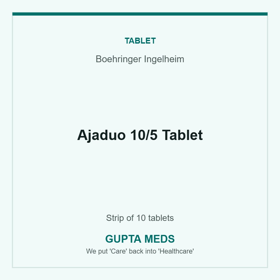 Ajaduo 10/5 Tablet — Boehringer Ingelheim, Strip of 10 tablets. Available at Gupta Meds pharmacy, Cuttack.
