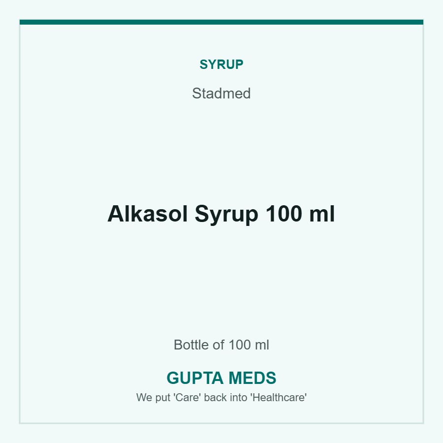 Alkasol Syrup 100 ml — Stadmed, Bottle of 100 ml. Available at Gupta Meds pharmacy, Cuttack.