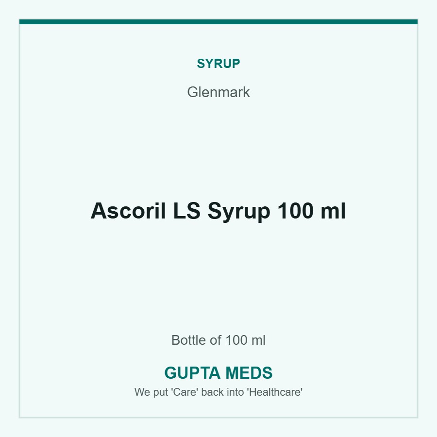 Ascoril LS Syrup 100 ml — Glenmark, Bottle of 100 ml. Available at Gupta Meds pharmacy, Cuttack.