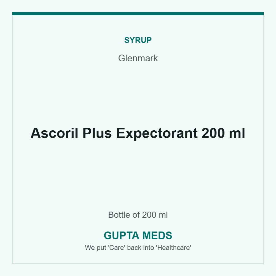 Ascoril Plus Expectorant 200 ml — Glenmark, Bottle of 200 ml. Available at Gupta Meds pharmacy, Cuttack.