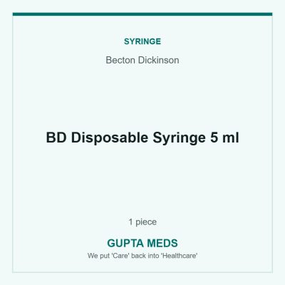 BD Disposable Syringe 5 ml — Becton Dickinson, 1 piece. Available at Gupta Meds pharmacy, Cuttack.