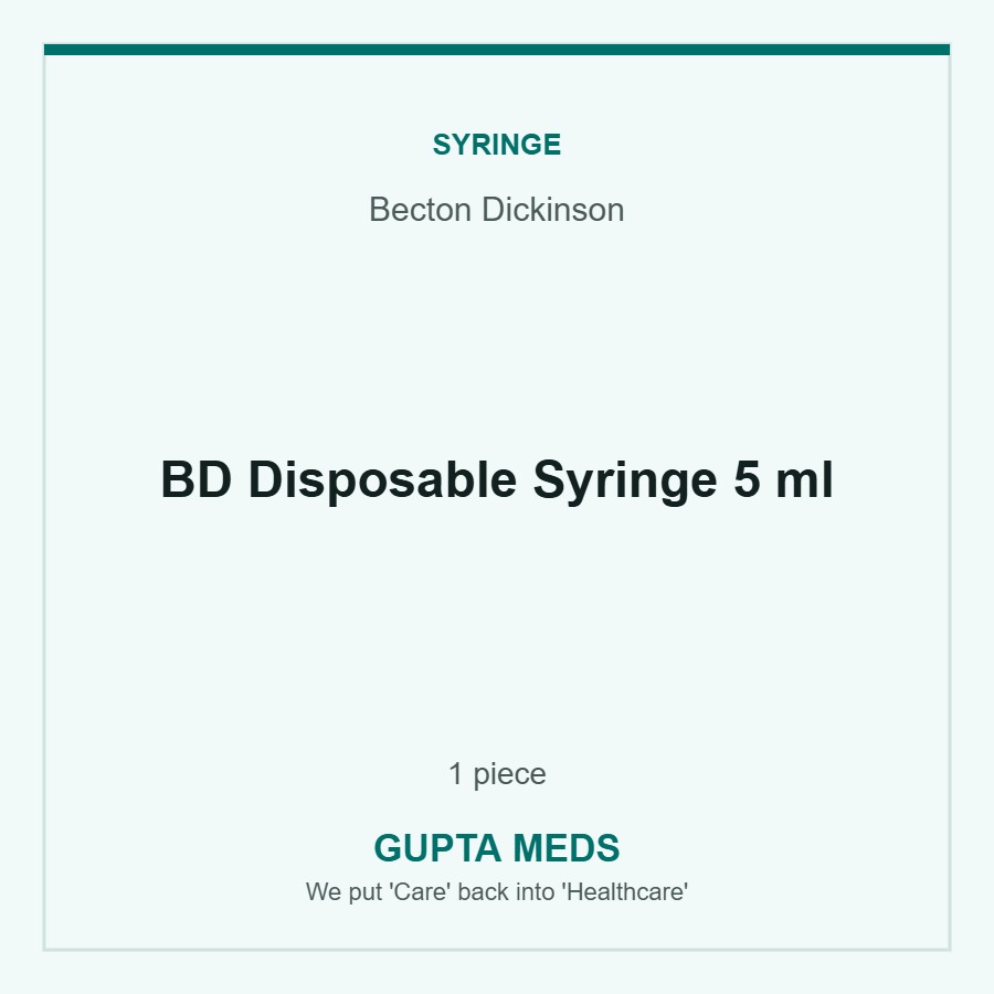 BD Disposable Syringe 5 ml — Becton Dickinson, 1 piece. Available at Gupta Meds pharmacy, Cuttack.