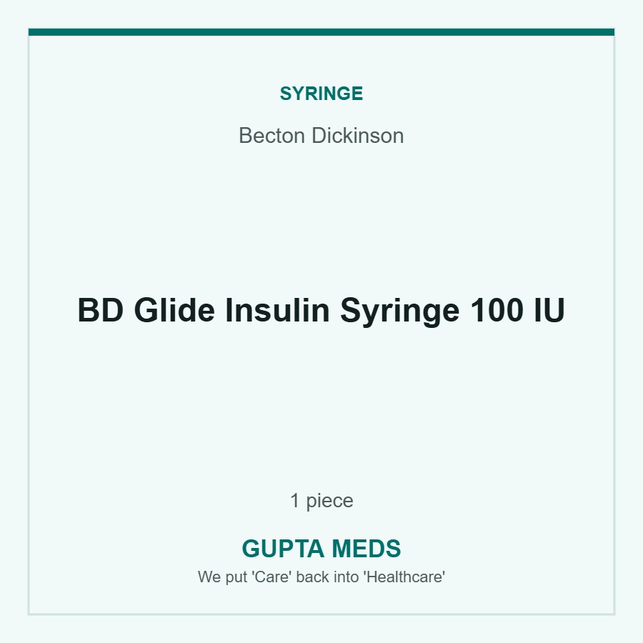 BD Glide Insulin Syringe 100 IU — Becton Dickinson, 1 piece. Available at Gupta Meds pharmacy, Cuttack.