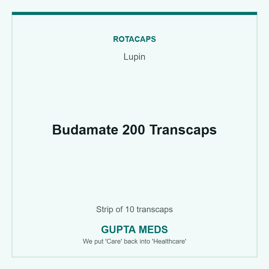Budamate 200 Transcaps — Lupin, Strip of 10 transcaps. Available at Gupta Meds pharmacy, Cuttack.