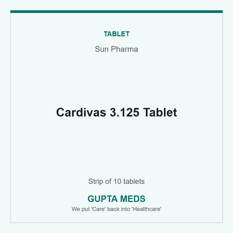 Cardivas 3.125 Tablet — Sun Pharma, Strip of 10 tablets. Available at Gupta Meds pharmacy, Cuttack.