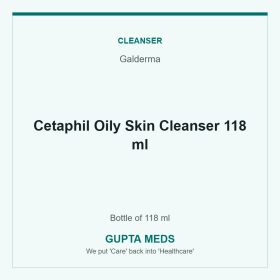 Cetaphil Oily Skin Cleanser 118 ml — Galderma, Bottle of 118 ml. Available at Gupta Meds pharmacy, Cuttack.
