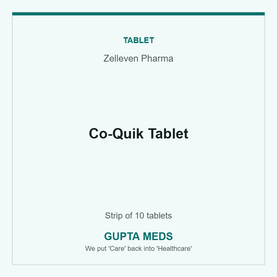Co-Quik Tablet — Zelleven Pharma, Strip of 10 tablets. Available at Gupta Meds pharmacy, Cuttack.