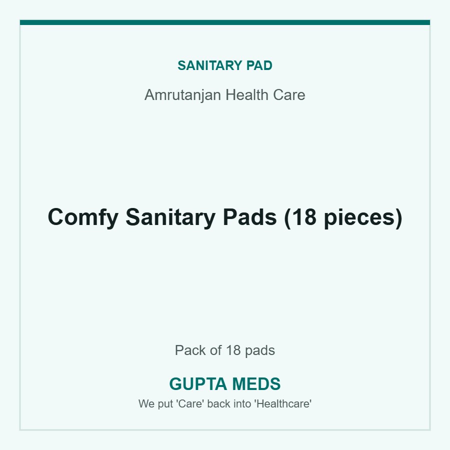 Comfy Sanitary Pads (18 pieces) — Amrutanjan Health Care, Pack of 18 pads. Available at Gupta Meds pharmacy, Cuttack.