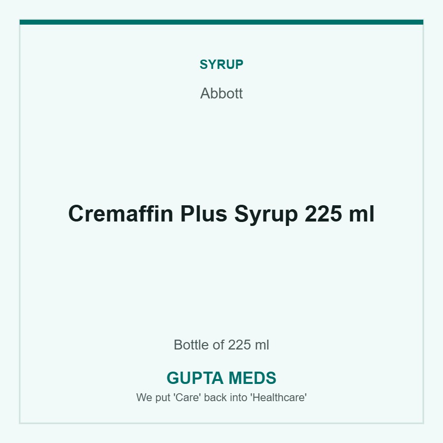 Cremaffin Plus Syrup 225 ml — Abbott, Bottle of 225 ml. Available at Gupta Meds pharmacy, Cuttack.