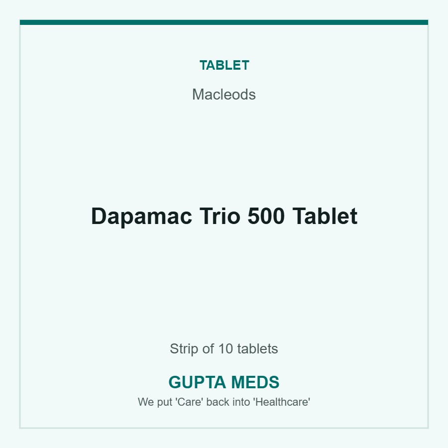 Dapamac Trio 500 Tablet — Macleods, Strip of 10 tablets. Available at Gupta Meds pharmacy, Cuttack.