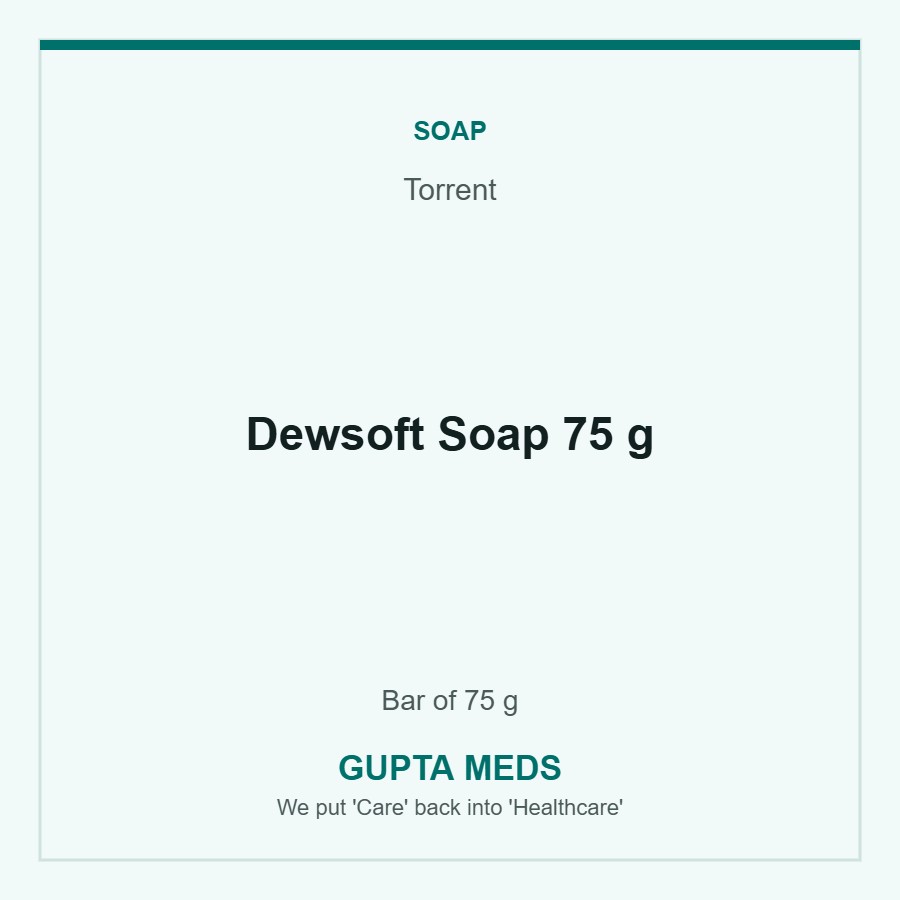 Dewsoft Soap 75 g — Torrent, Bar of 75 g. Available at Gupta Meds pharmacy, Cuttack.