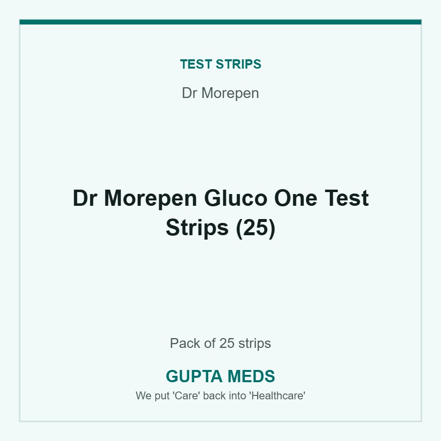 Dr Morepen Gluco One Test Strips (25) — Dr Morepen, Pack of 25 strips. Available at Gupta Meds pharmacy, Cuttack.
