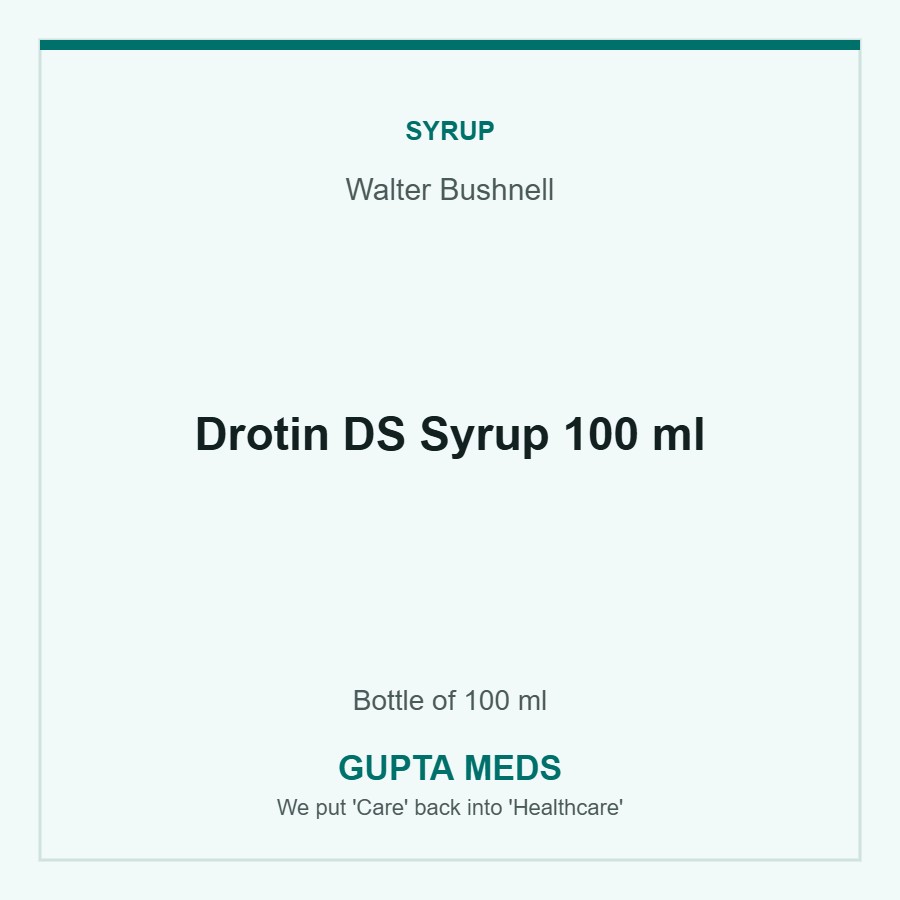 Drotin DS Syrup 100 ml — Walter Bushnell, Bottle of 100 ml. Available at Gupta Meds pharmacy, Cuttack.