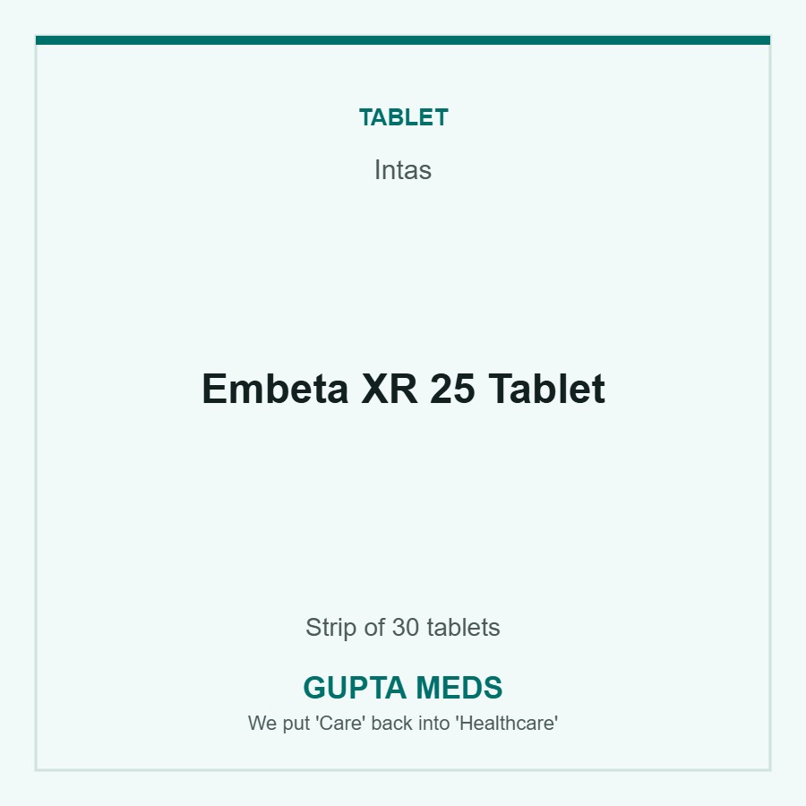 Embeta XR 25 Tablet — Intas, Strip of 30 tablets. Available at Gupta Meds pharmacy, Cuttack.