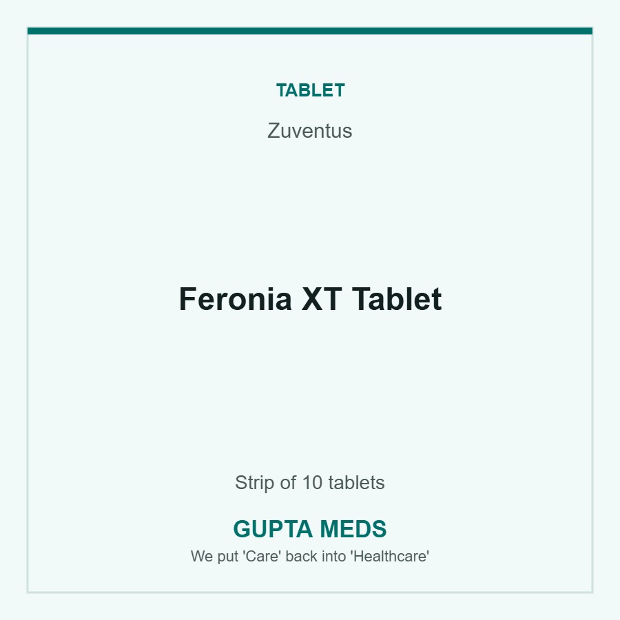 Feronia XT Tablet — Zuventus, Strip of 10 tablets. Available at Gupta Meds pharmacy, Cuttack.