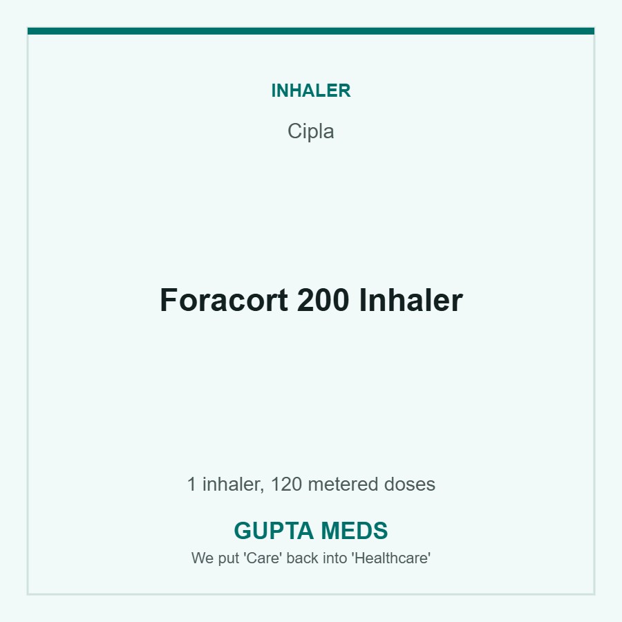 Foracort 200 Inhaler — Cipla, 1 inhaler, 120 metered doses. Available at Gupta Meds pharmacy, Cuttack.