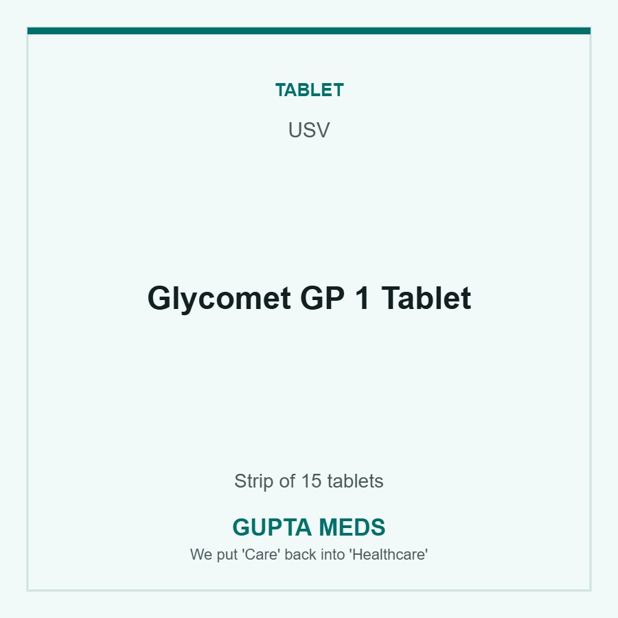 Glycomet GP 1 Tablet — USV, Strip of 15 tablets. Available at Gupta Meds pharmacy, Cuttack.