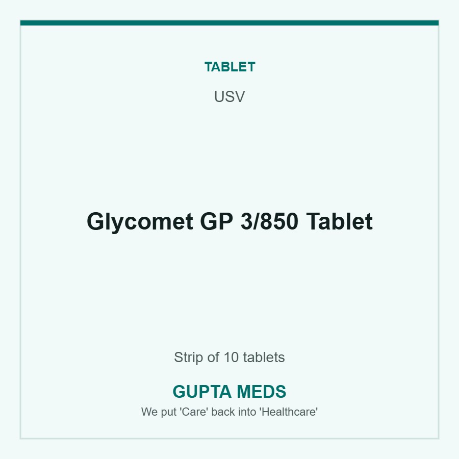 Glycomet GP 3/850 Tablet — USV, Strip of 10 tablets. Available at Gupta Meds pharmacy, Cuttack.