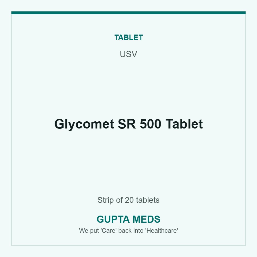 Glycomet SR 500 Tablet — USV, Strip of 20 tablets. Available at Gupta Meds pharmacy, Cuttack.