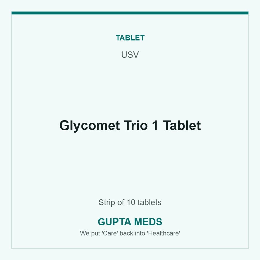 Glycomet Trio 1 Tablet — USV, Strip of 10 tablets. Available at Gupta Meds pharmacy, Cuttack.