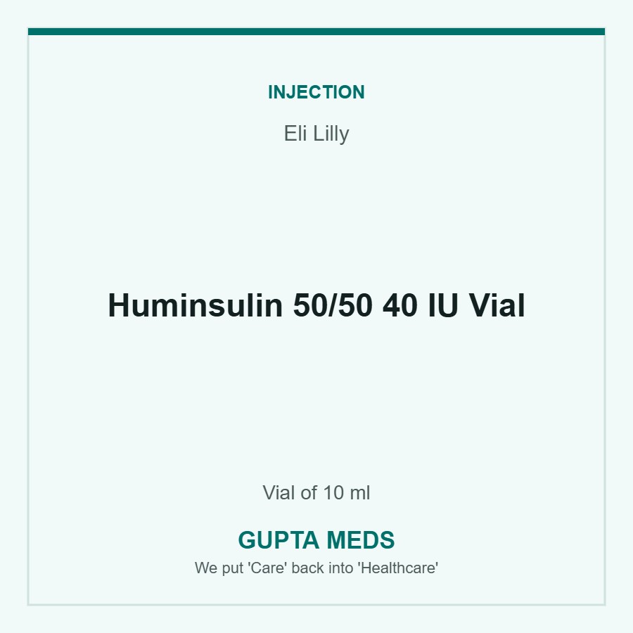 Huminsulin 50/50 40 IU Vial — Eli Lilly, Vial of 10 ml. Available at Gupta Meds pharmacy, Cuttack.