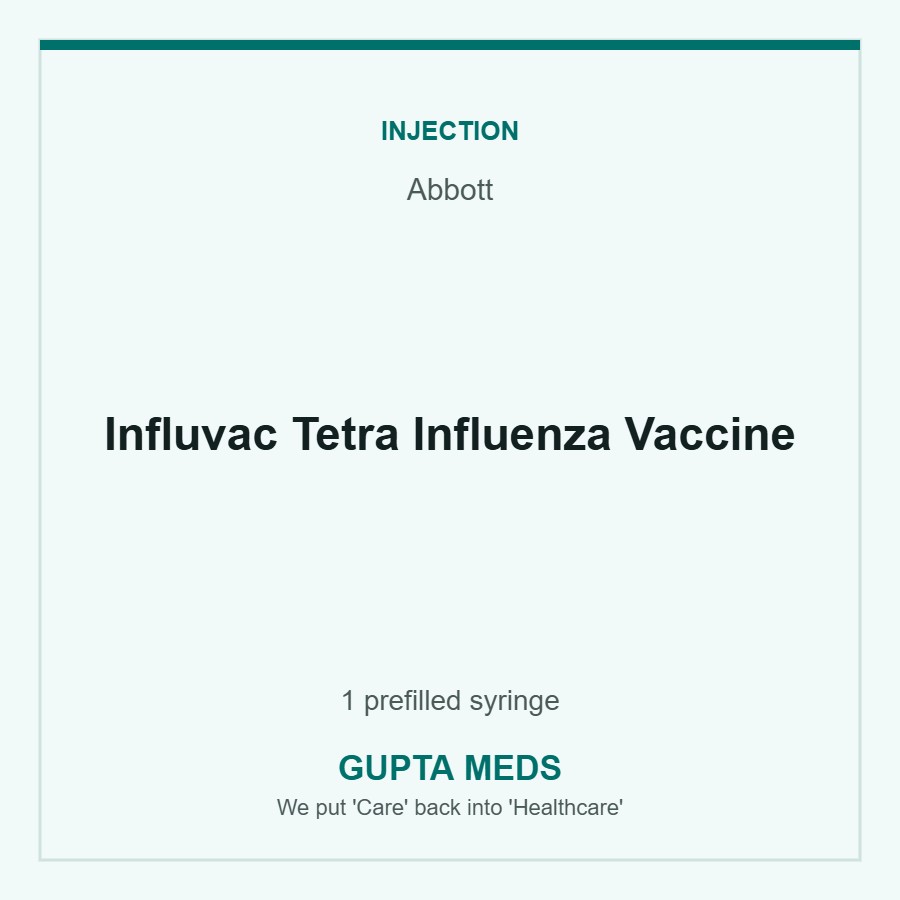 Influvac Tetra Influenza Vaccine — Abbott, 1 prefilled syringe. Available at Gupta Meds pharmacy, Cuttack.