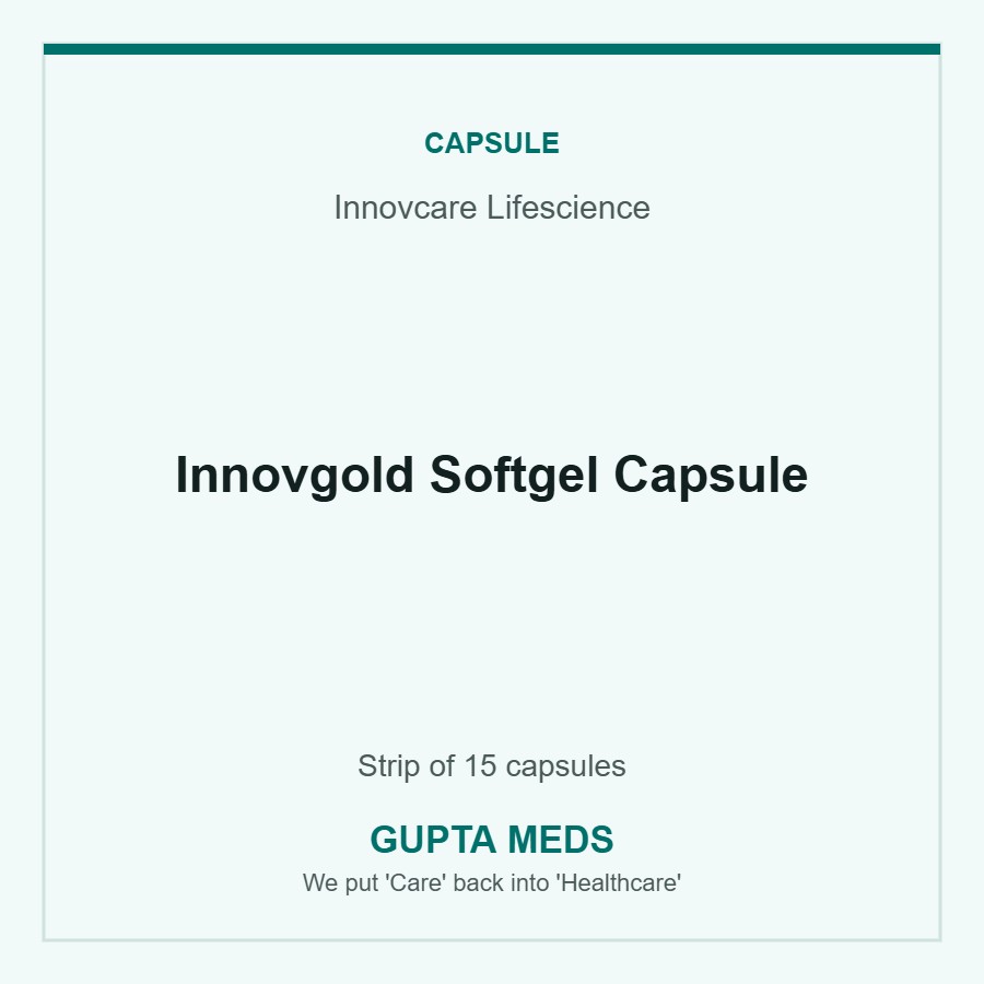 Innovgold Softgel Capsule — Innovcare Lifescience, Strip of 15 capsules. Available at Gupta Meds pharmacy, Cuttack.