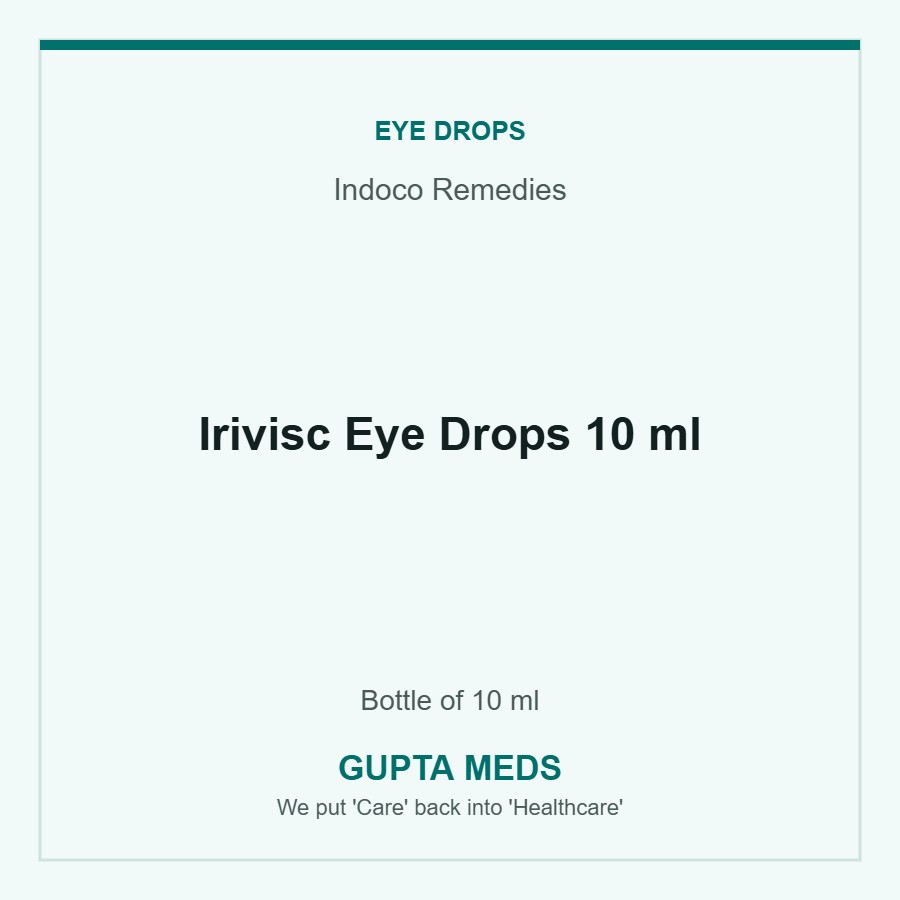 Irivisc Eye Drops 10 ml — Indoco Remedies, Bottle of 10 ml. Available at Gupta Meds pharmacy, Cuttack.