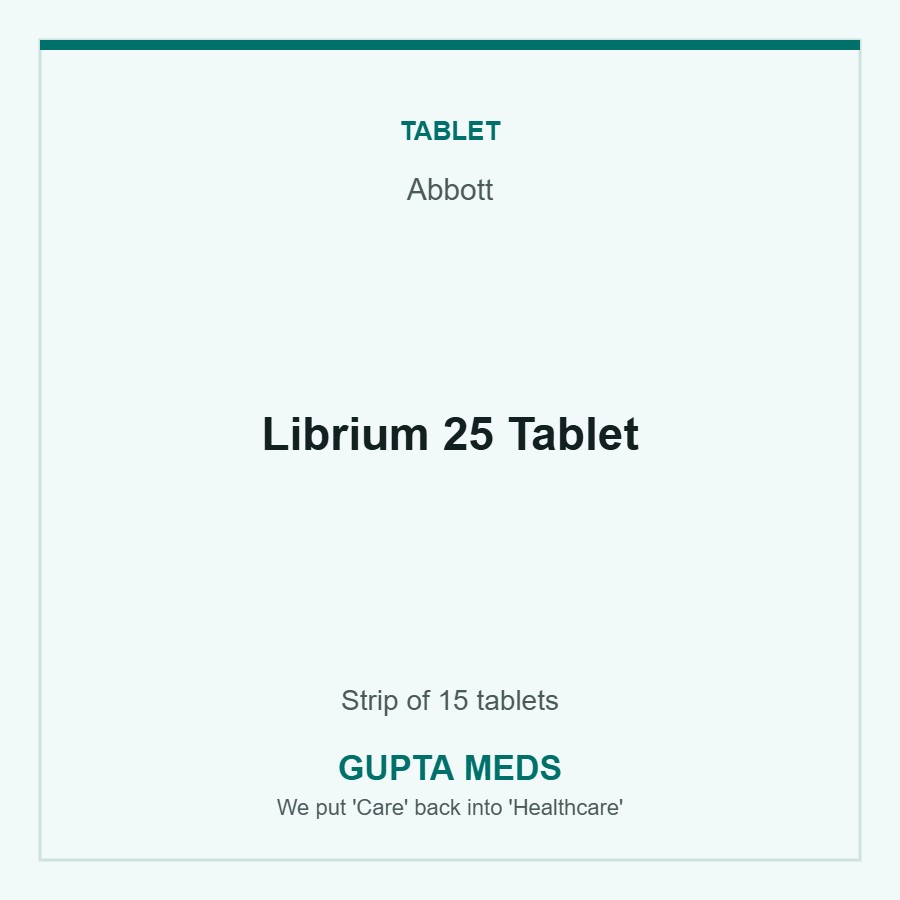 Librium 25 Tablet — Abbott, Strip of 15 tablets. Available at Gupta Meds pharmacy, Cuttack.
