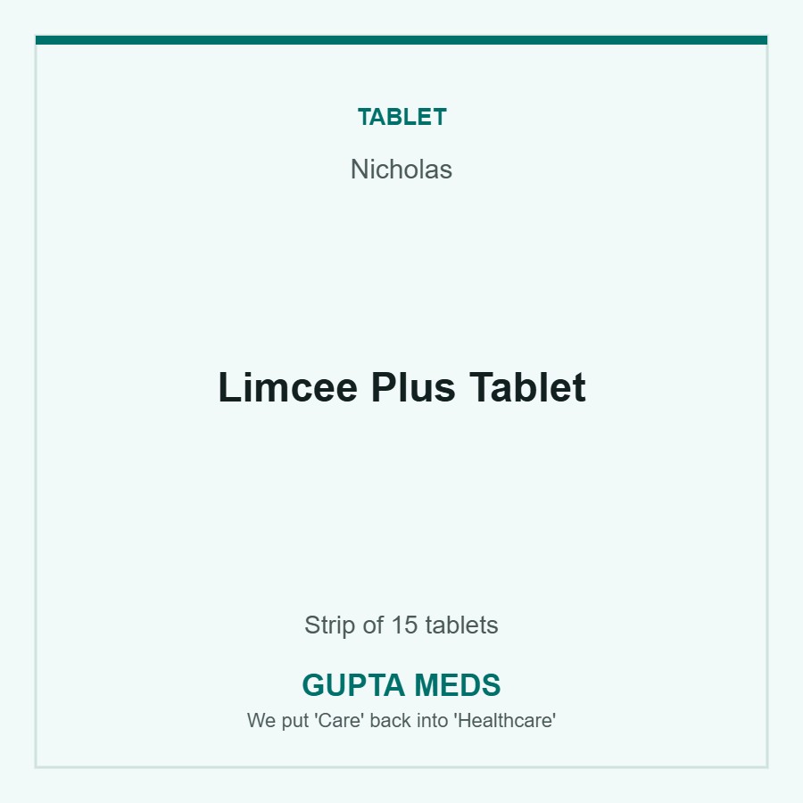 Limcee Plus Tablet — Nicholas, Strip of 15 tablets. Available at Gupta Meds pharmacy, Cuttack.