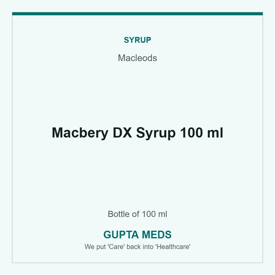 Macbery DX Syrup 100 ml — Macleods, Bottle of 100 ml. Available at Gupta Meds pharmacy, Cuttack.