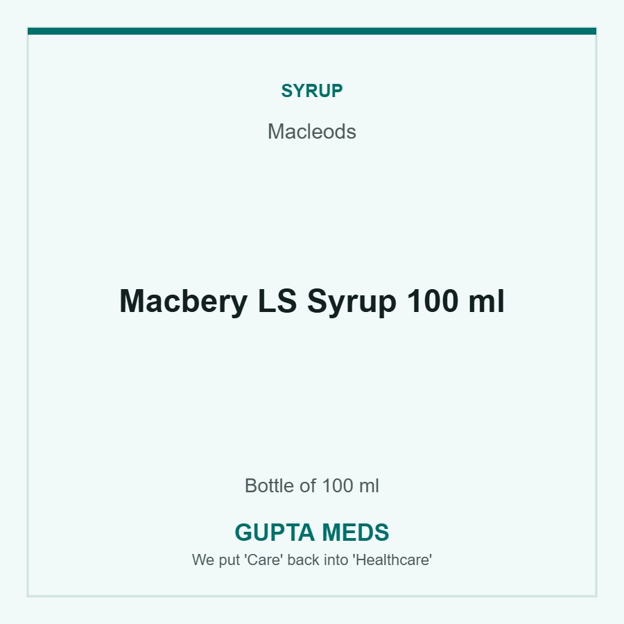 Macbery LS Syrup 100 ml — Macleods, Bottle of 100 ml. Available at Gupta Meds pharmacy, Cuttack.