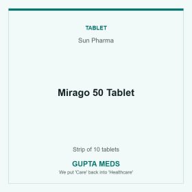 Mirago 50 Tablet — Sun Pharma, Strip of 10 tablets. Available at Gupta Meds pharmacy, Cuttack.