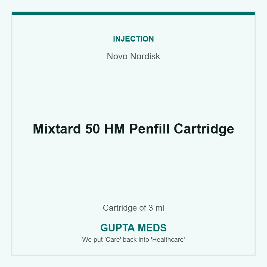 Mixtard 50 HM Penfill Cartridge — Novo Nordisk, Cartridge of 3 ml. Available at Gupta Meds pharmacy, Cuttack.