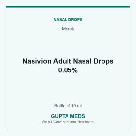 Nasivion Adult Nasal Drops 0.05% — Merck, Bottle of 10 ml. Available at Gupta Meds pharmacy, Cuttack.