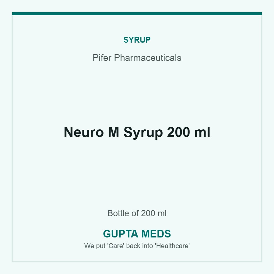 Neuro M Syrup 200 ml — Pifer Pharmaceuticals, Bottle of 200 ml. Available at Gupta Meds pharmacy, Cuttack.