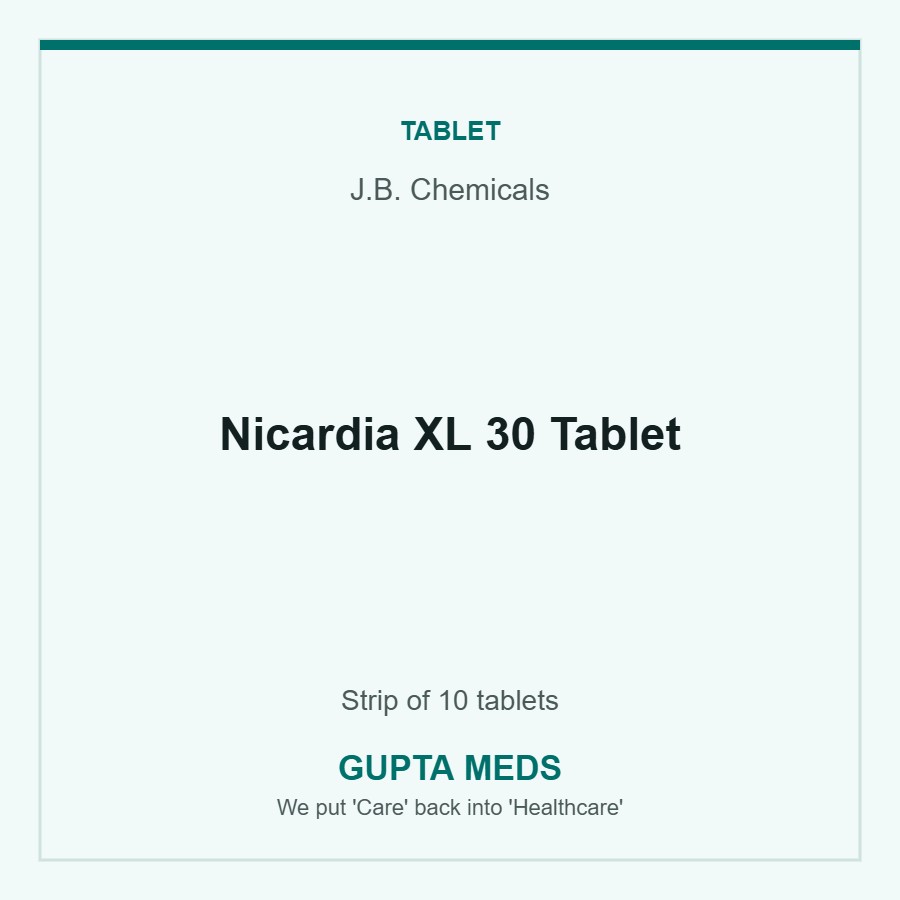 Nicardia XL 30 Tablet — J.B. Chemicals, Strip of 10 tablets. Available at Gupta Meds pharmacy, Cuttack.