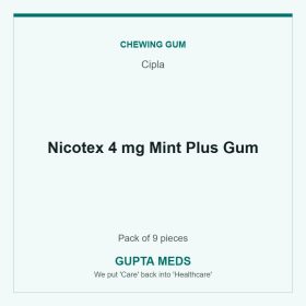 Nicotex 4 mg Mint Plus Gum — Cipla, Pack of 9 pieces. Available at Gupta Meds pharmacy, Cuttack.