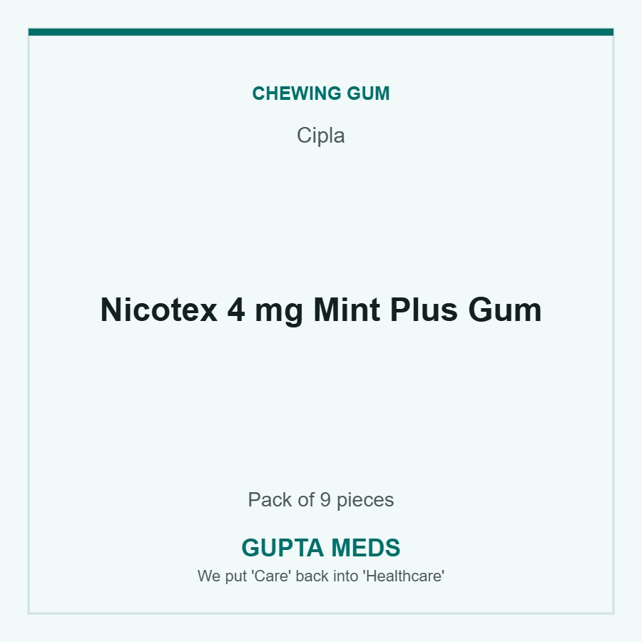 Nicotex 4 mg Mint Plus Gum — Cipla, Pack of 9 pieces. Available at Gupta Meds pharmacy, Cuttack.