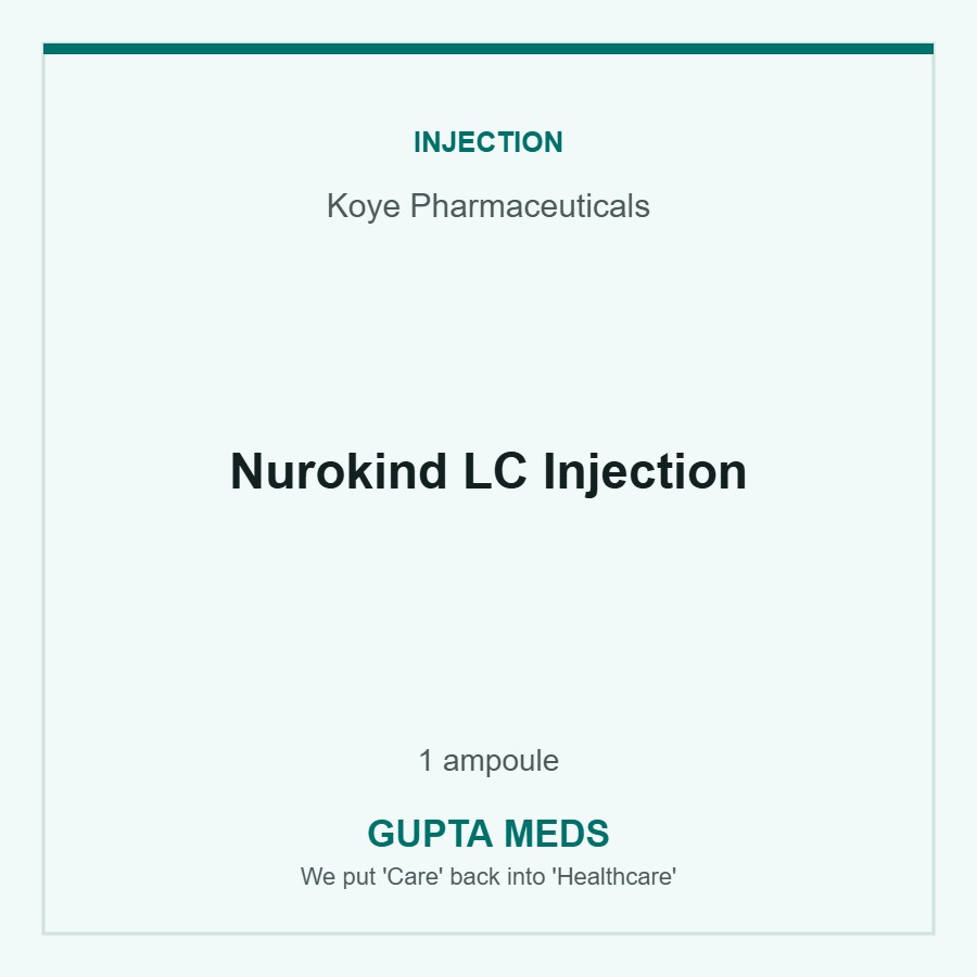 Nurokind LC Injection — Koye Pharmaceuticals, 1 ampoule. Available at Gupta Meds pharmacy, Cuttack.