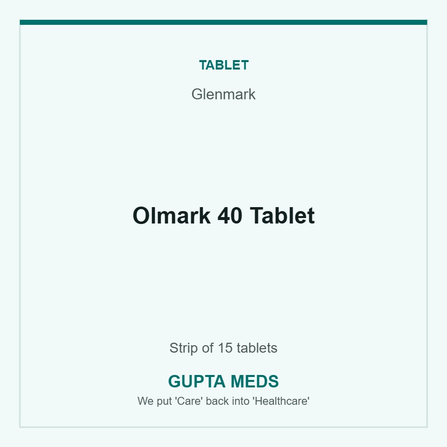 Olmark 40 Tablet — Glenmark, Strip of 15 tablets. Available at Gupta Meds pharmacy, Cuttack.