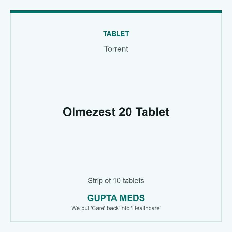 Olmezest 20 Tablet — Torrent, Strip of 10 tablets. Available at Gupta Meds pharmacy, Cuttack.