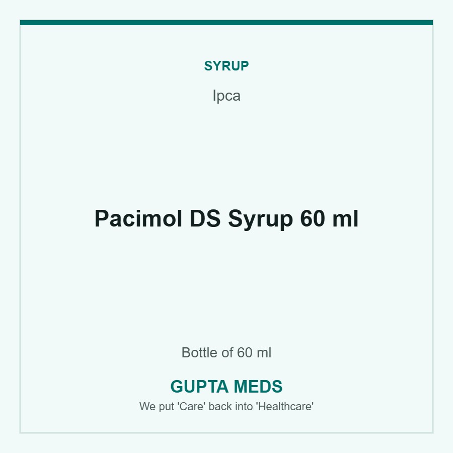 Pacimol DS Syrup 60 ml — Ipca, Bottle of 60 ml. Available at Gupta Meds pharmacy, Cuttack.