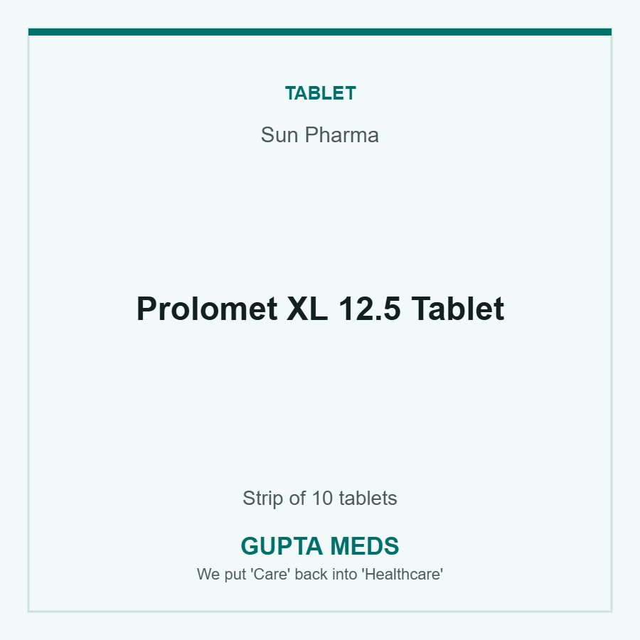 Prolomet XL 12.5 Tablet — Sun Pharma, Strip of 10 tablets. Available at Gupta Meds pharmacy, Cuttack.