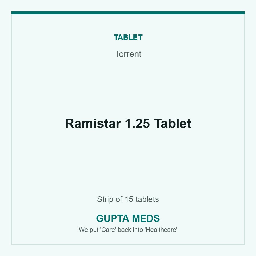 Ramistar 1.25 Tablet — Torrent, Strip of 15 tablets. Available at Gupta Meds pharmacy, Cuttack.