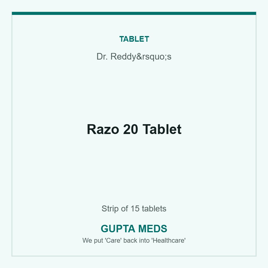 Razo 20 Tablet — Dr. Reddy’s, Strip of 15 tablets. Available at Gupta Meds pharmacy, Cuttack.