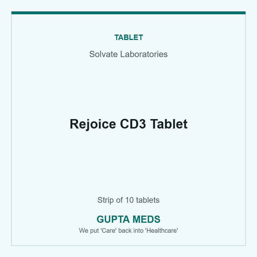 Rejoice CD3 Tablet — Solvate Laboratories, Strip of 10 tablets. Available at Gupta Meds pharmacy, Cuttack.