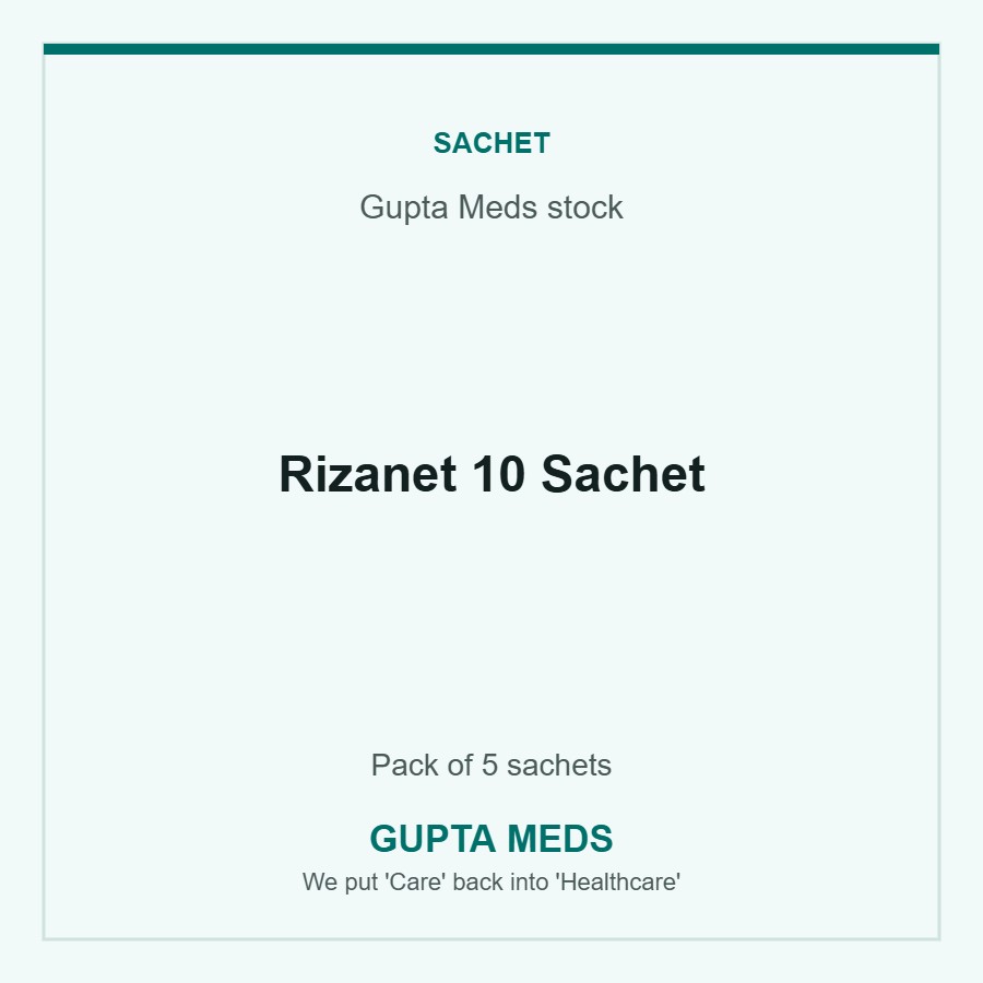 Rizanet 10 Sachet — Gupta Meds stock, Pack of 5 sachets. Available at Gupta Meds pharmacy, Cuttack.